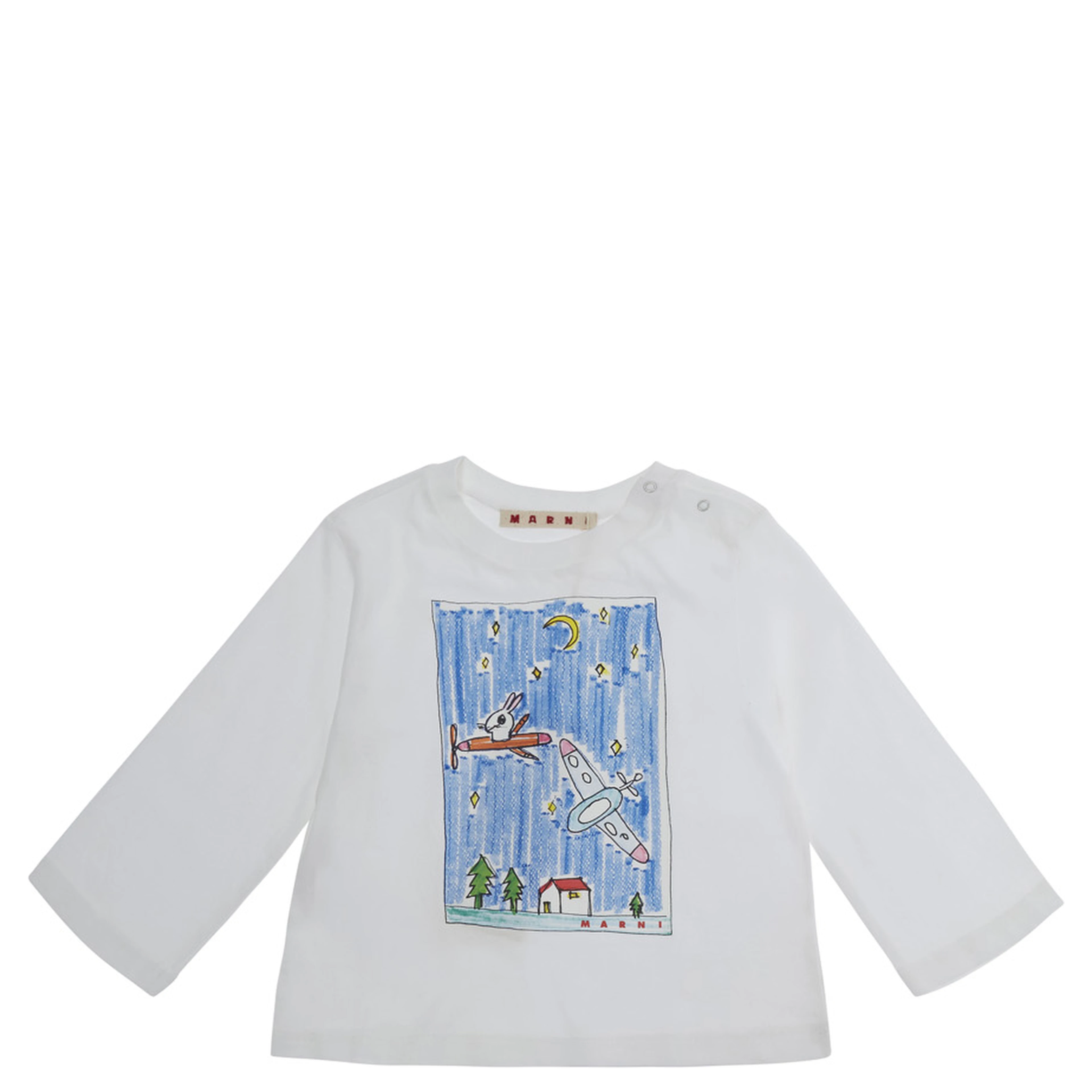 White Long Sleeve T-shirt with Front Print in Cotton Baby
