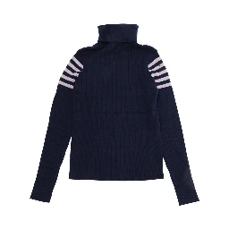 Blue Sweater with high collar and embroidered logo on the front in Cotton and Wool Girl