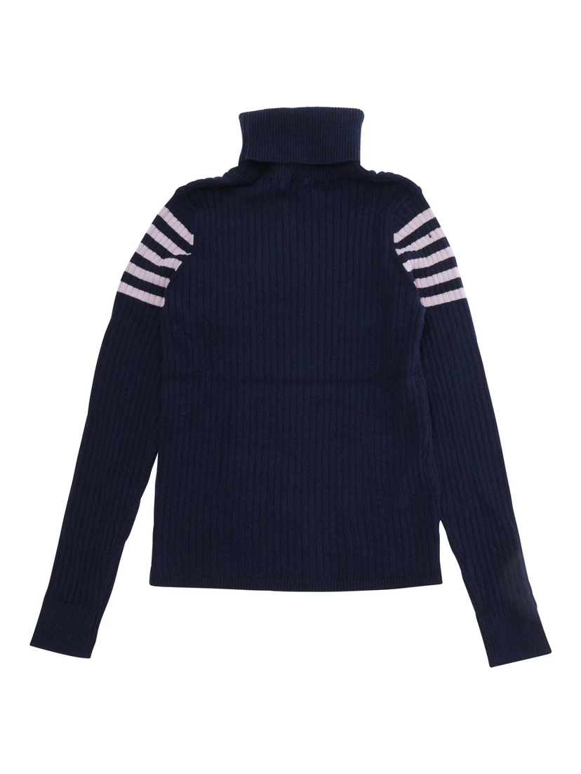 Blue Sweater with high collar and embroidered logo on the front in Cotton and Wool Girl