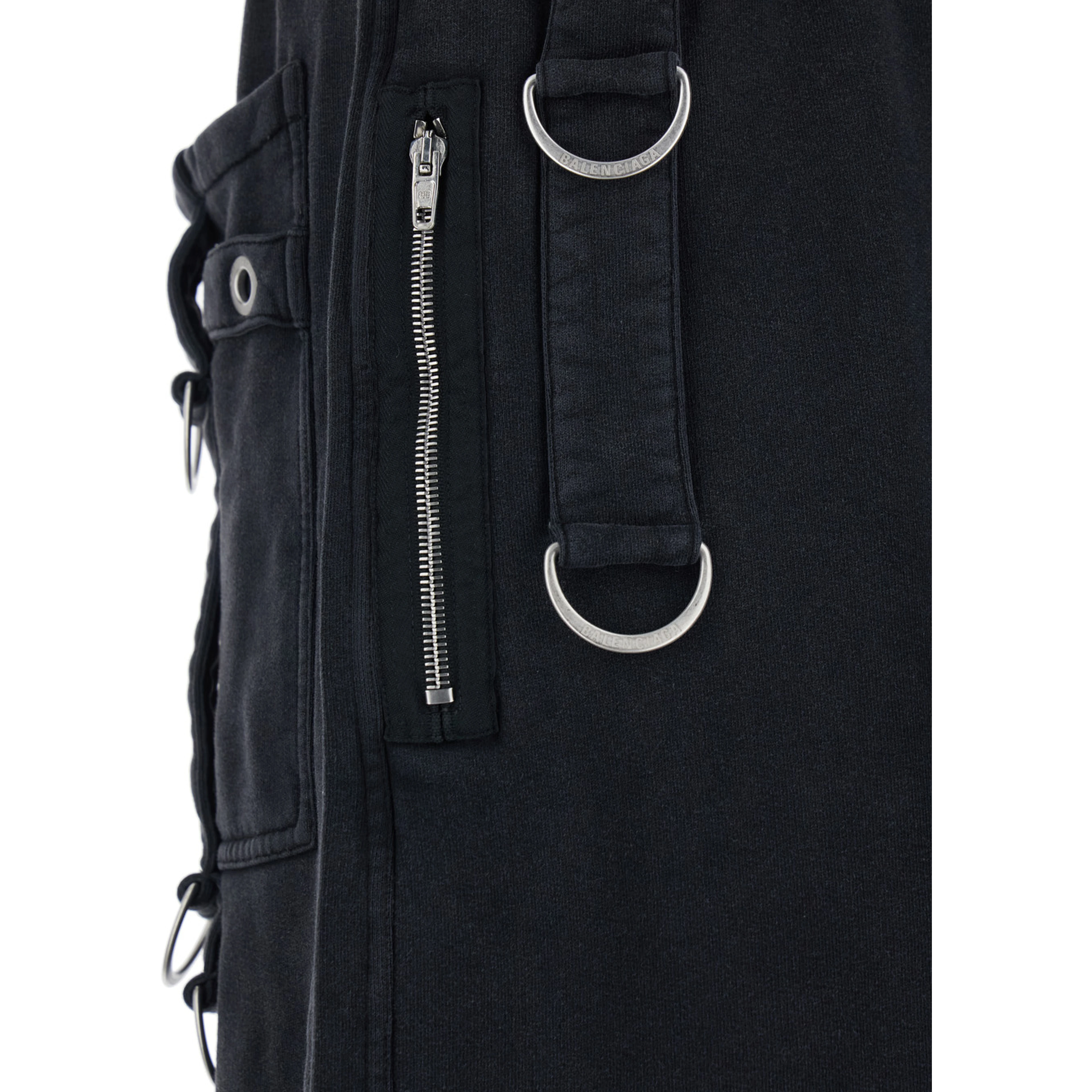 Black Cargo Pants with Applied Rings on Front and Back in Cotton for Men
