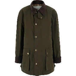 Hunting Jacket in Waxed Cotton with High Collar and Green Pockets for Men