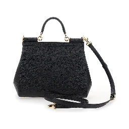 My Sicily Large Black Handbag with Logo Plate on Front in Grained Leather for Women