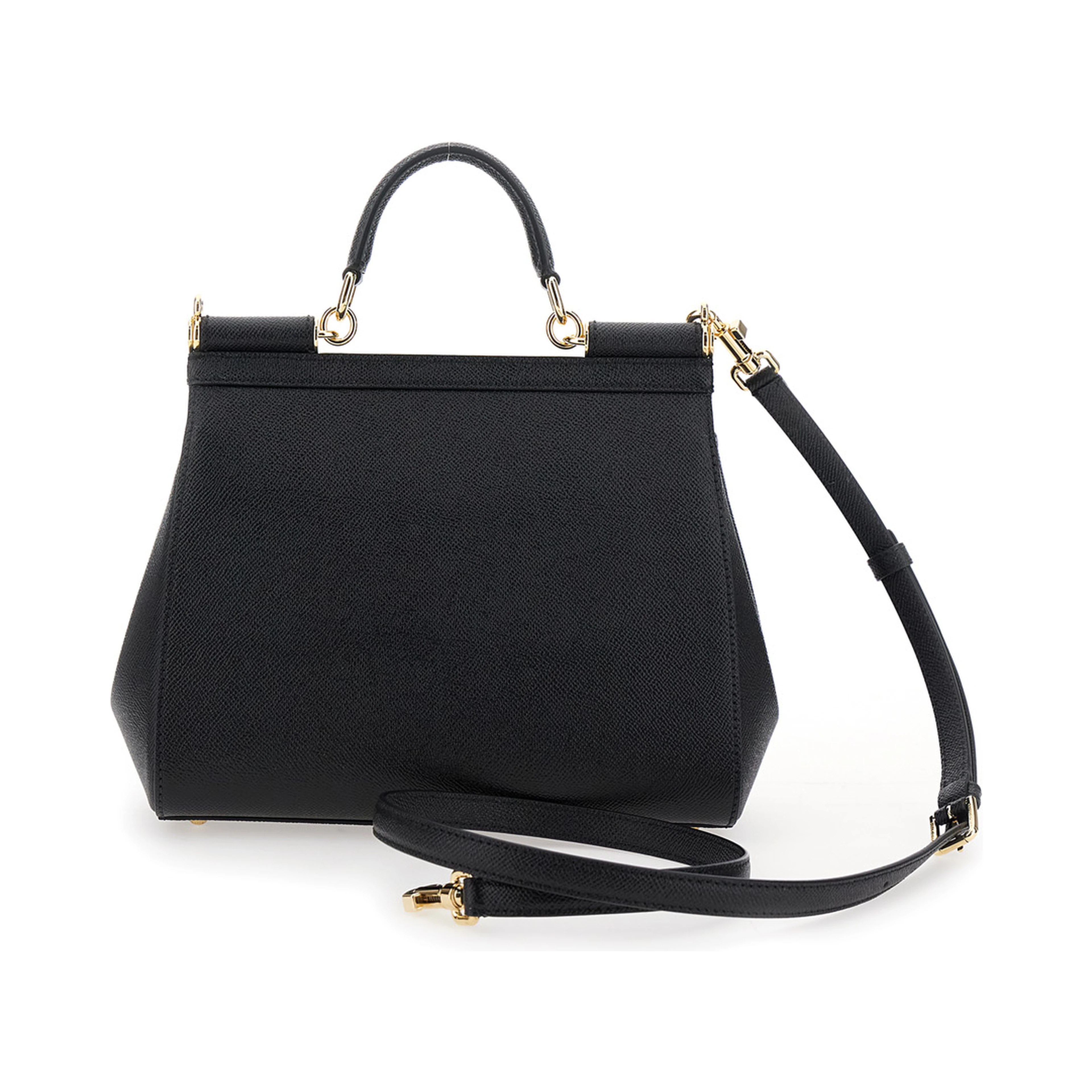 My Sicily Large Black Handbag with Logo Plate on Front in Grained Leather for Women