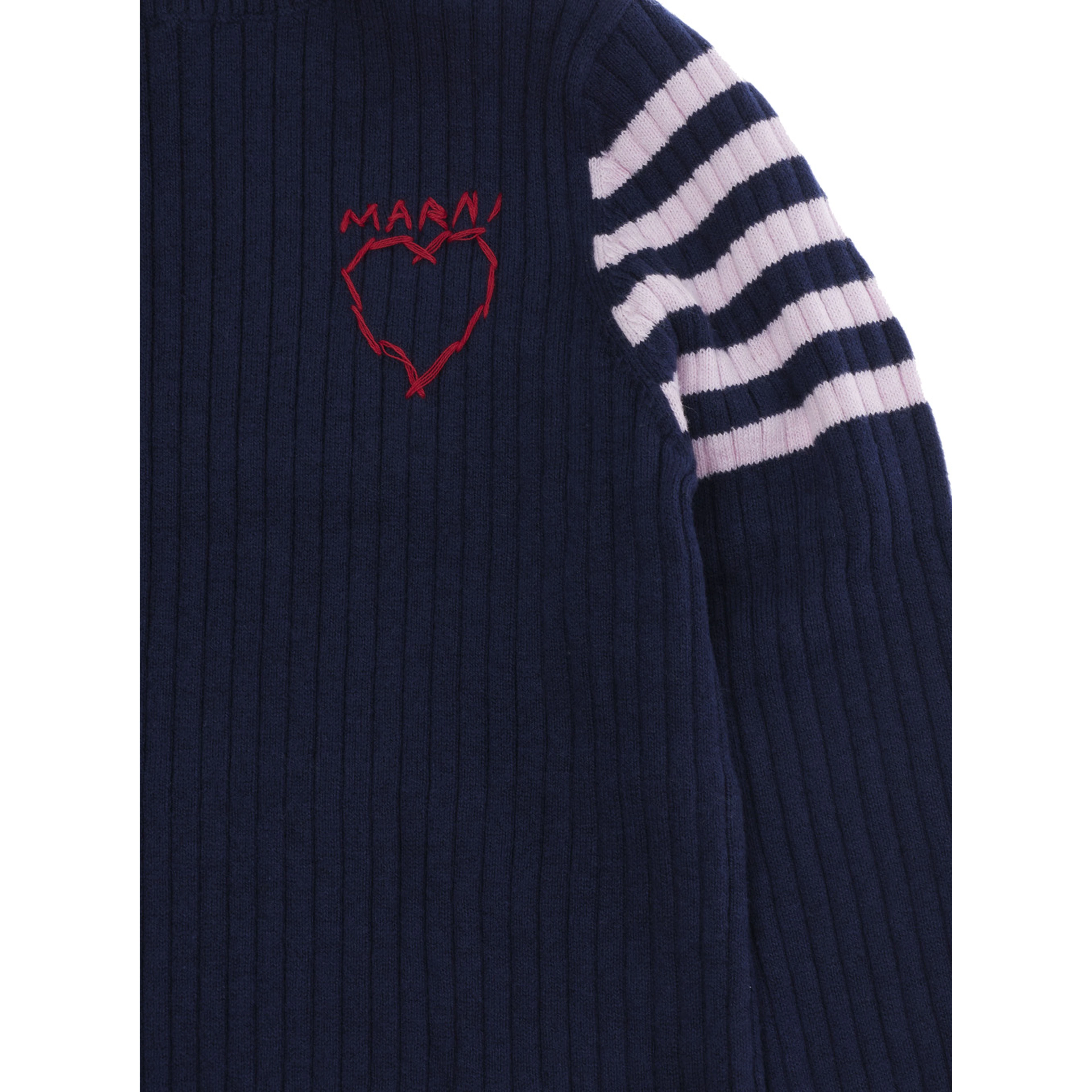 Blue Sweater with high collar and embroidered logo on the front in Cotton and Wool Girl