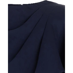Izel Blue Long Dress with Asymmetric Draping and Side Zip Closure in Stretch Tech Fabric for Women