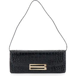 Dorian East-West Black Shoulder Bag with Plaque Closure on the Front and Crocodile-Embossed Effect in Leather for Women