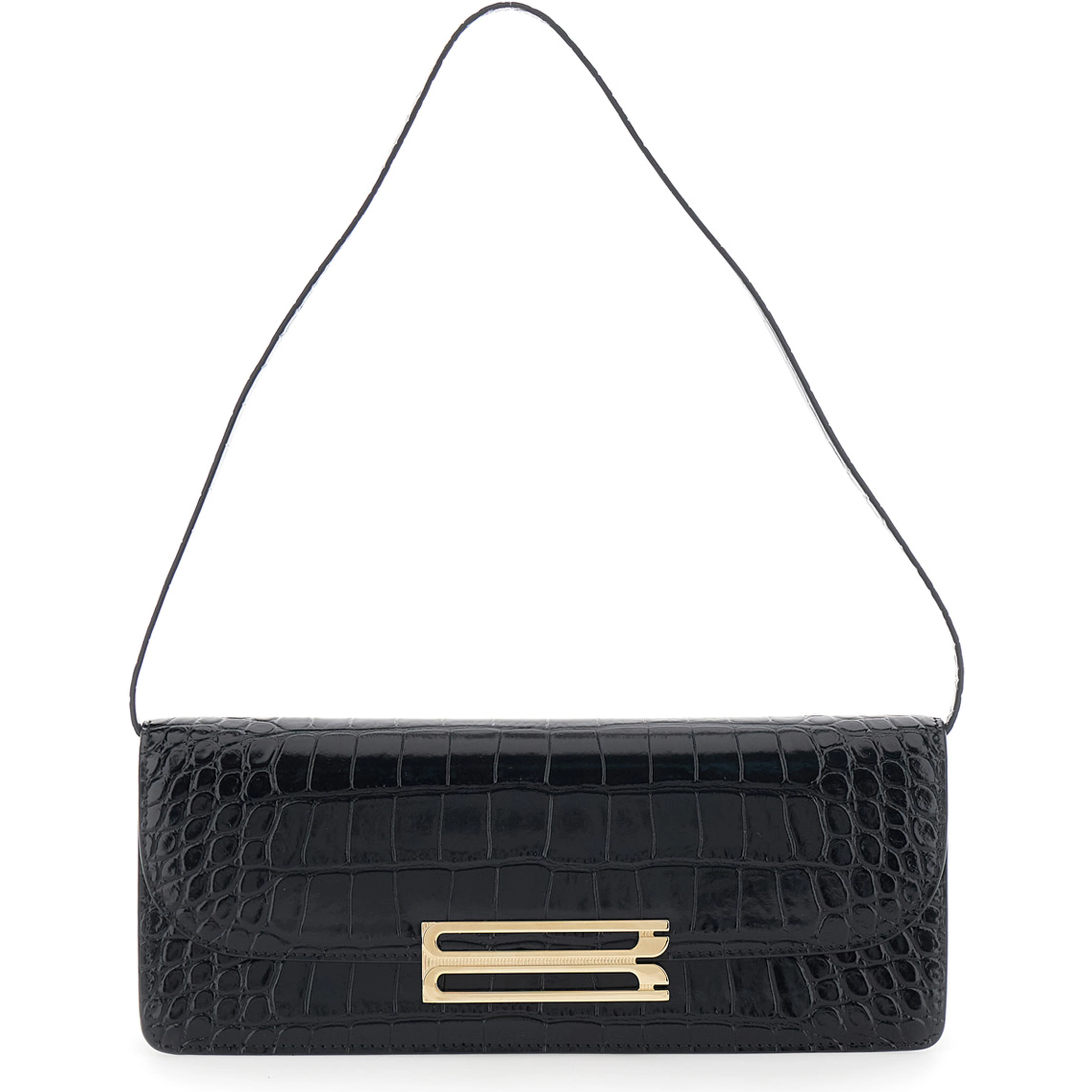Dorian East-West Black Shoulder Bag with Plaque Closure on the Front and Crocodile-Embossed Effect in Leather for Women
