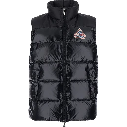 Black Sleeveless Down jacket with high collar and logo patch on the front in Tech Fabric, unisex