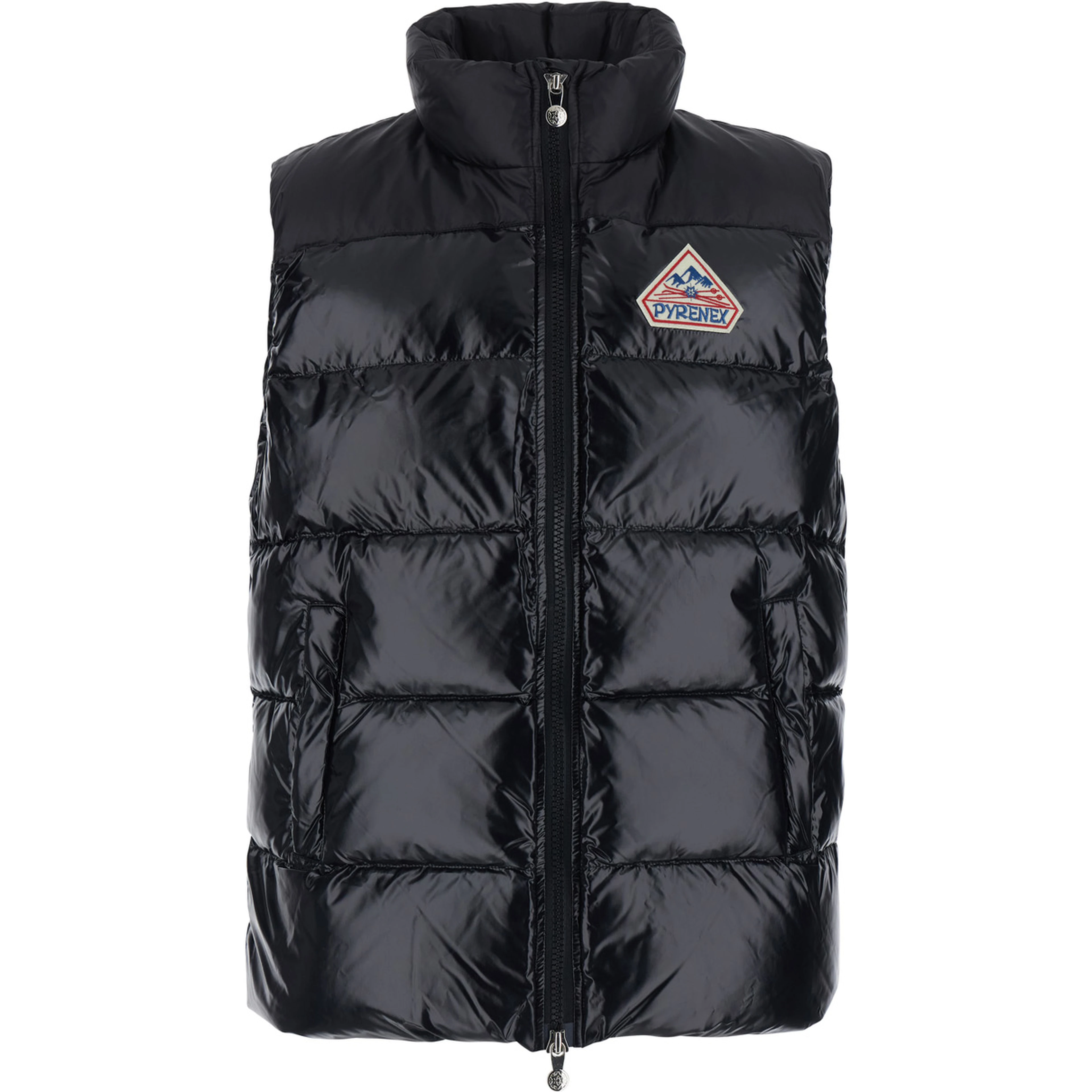 Black Sleeveless Down jacket with high collar and logo patch on the front in Tech Fabric, unisex