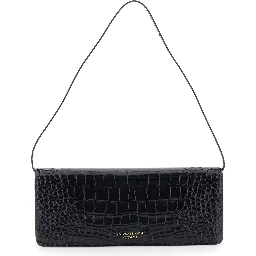 Dorian East-West Black Shoulder Bag with Plaque Closure on the Front and Crocodile-Embossed Effect in Leather for Women