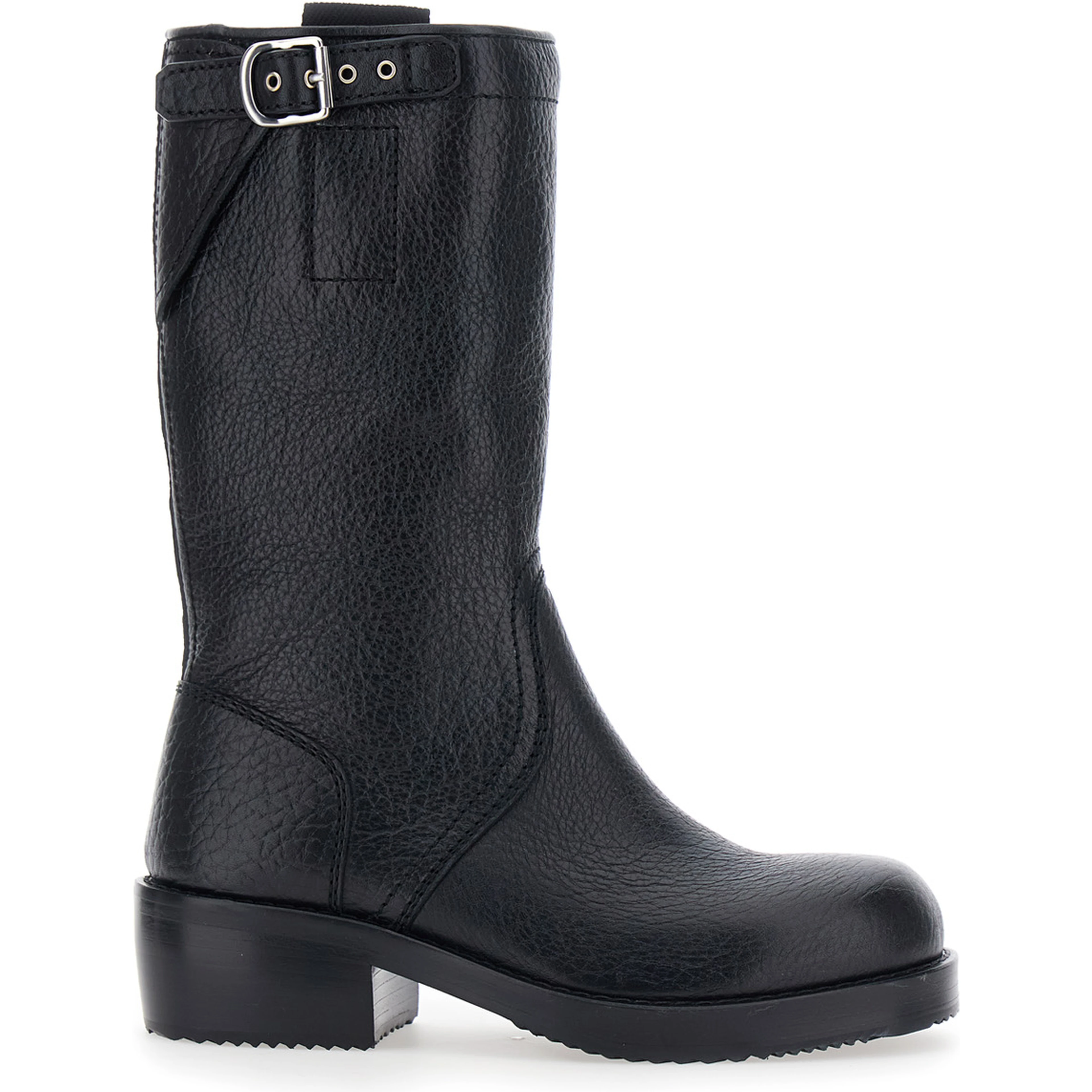 Black boots with decorative buckle and low heel in leather for women