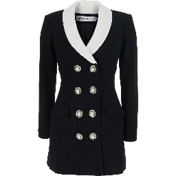 Black Jacket with Contrasting V-Neck and Jewel Buttons in Wool for Women
