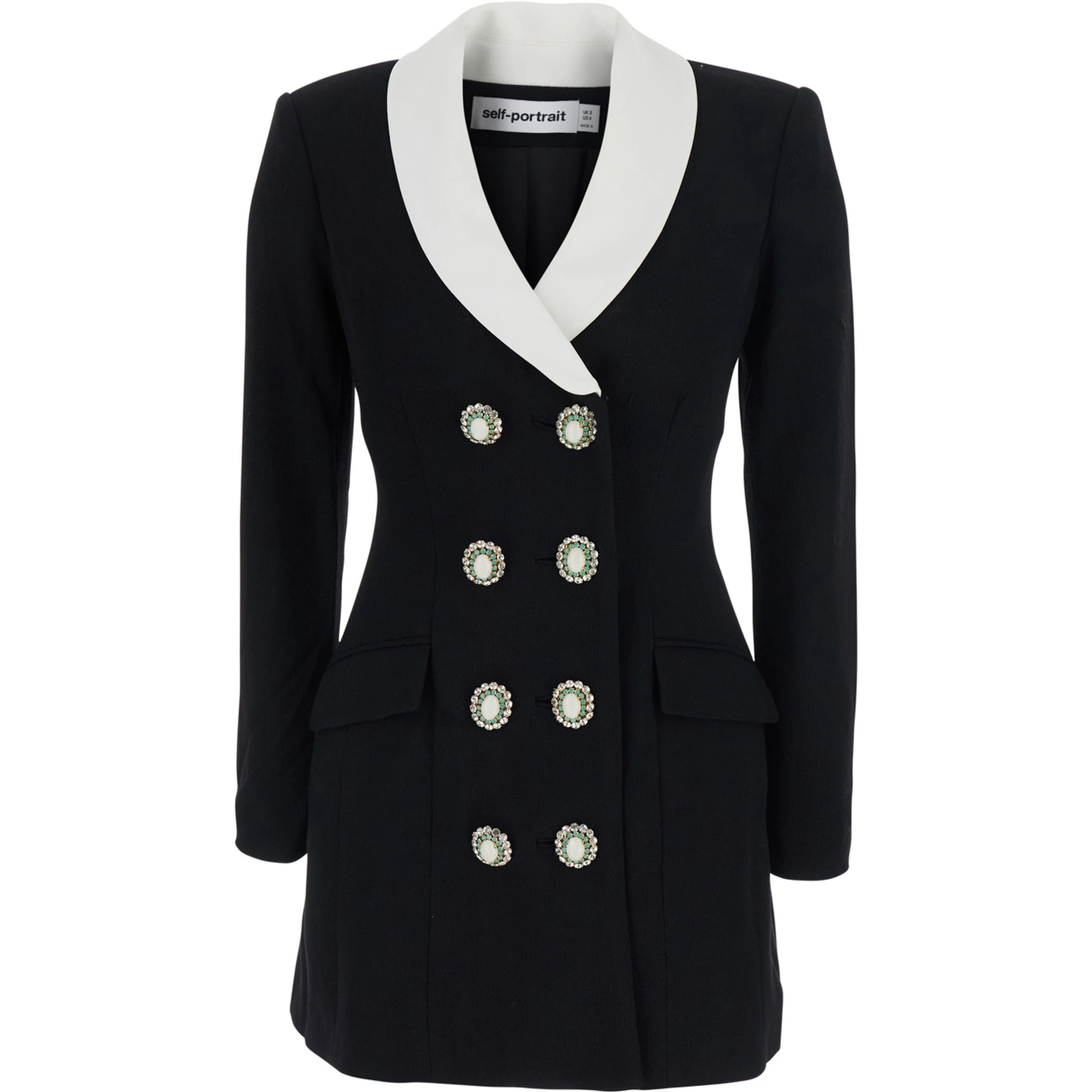 Black Jacket with Contrasting V-Neck and Jewel Buttons in Wool for Women