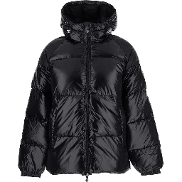 Black Down Jacket with Hood and Front Zip Closure. In Tech Fabric. Men