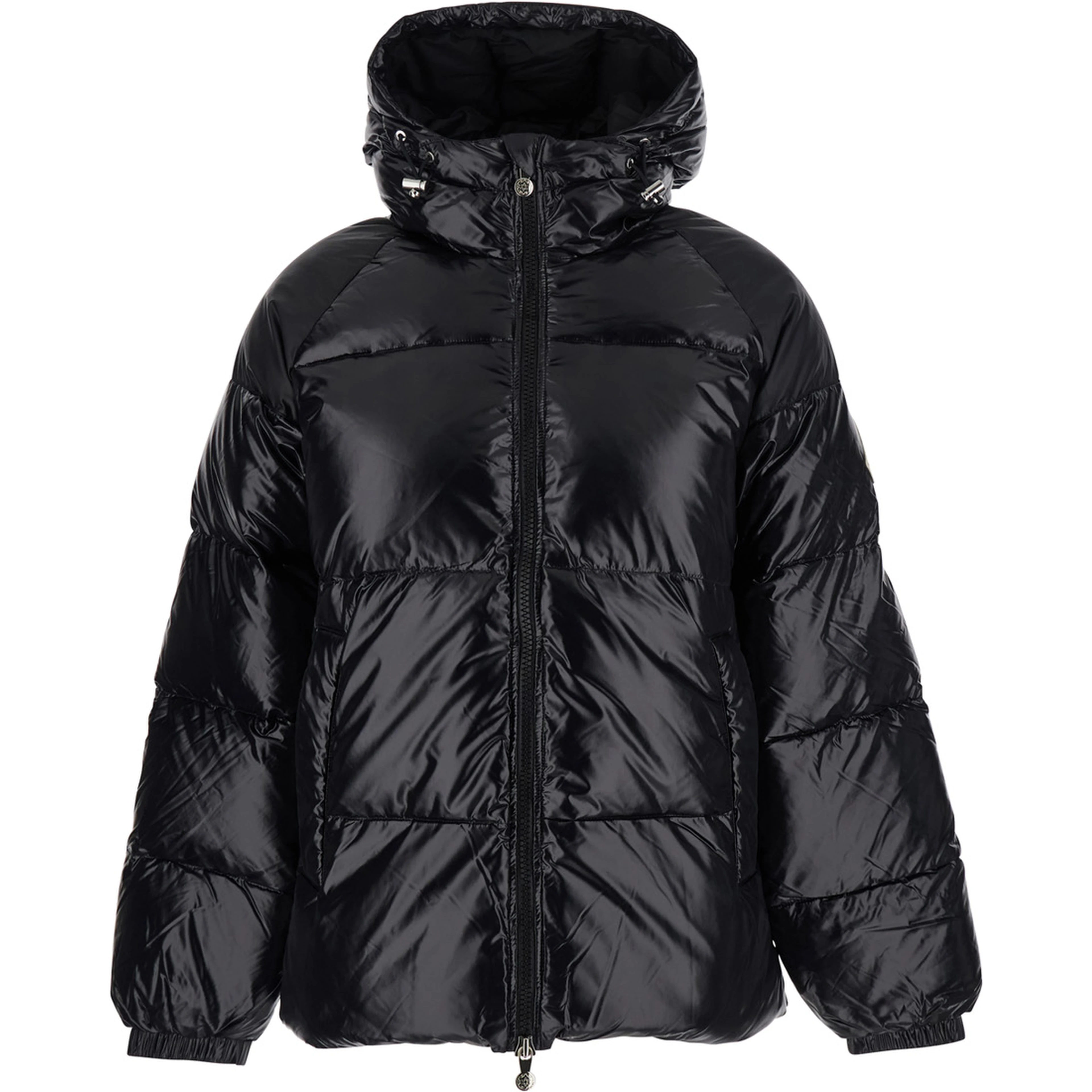 Black Down Jacket with Hood and Front Zip Closure. In Tech Fabric. Men