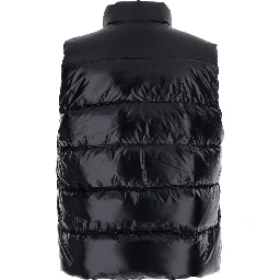 Black Sleeveless Down jacket with high collar and logo patch on the front in Tech Fabric, unisex