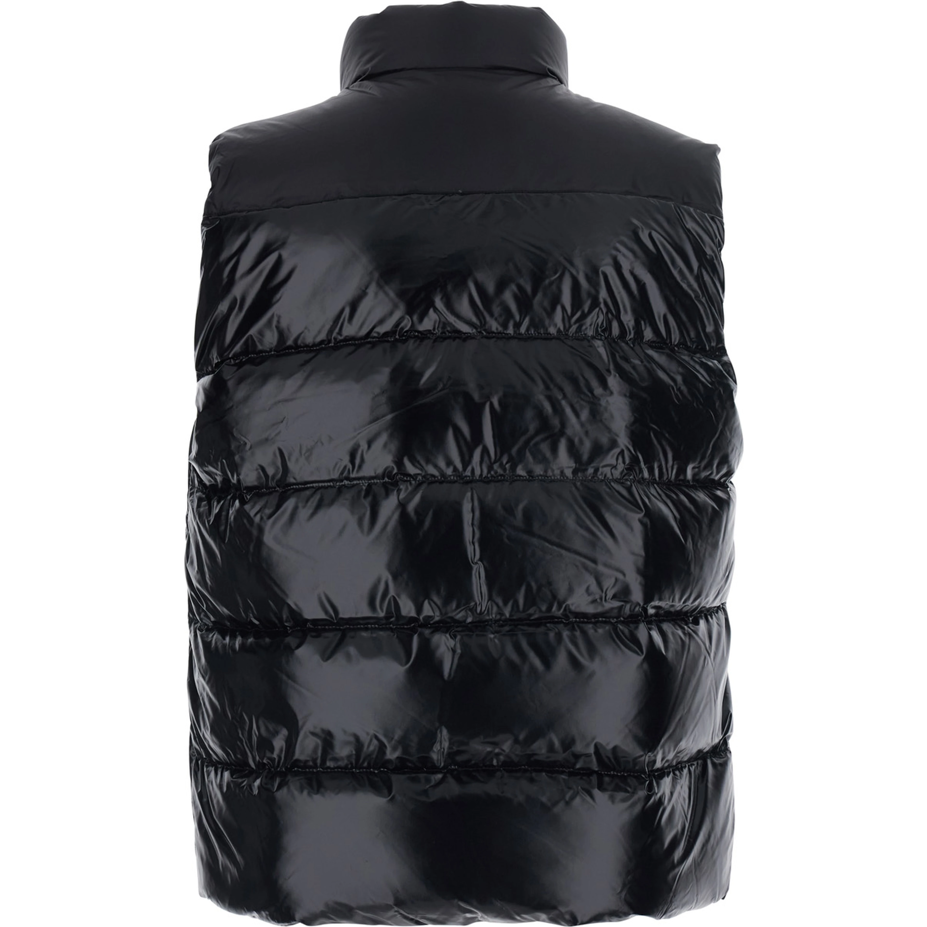 Black Sleeveless Down jacket with high collar and logo patch on the front in Tech Fabric, unisex