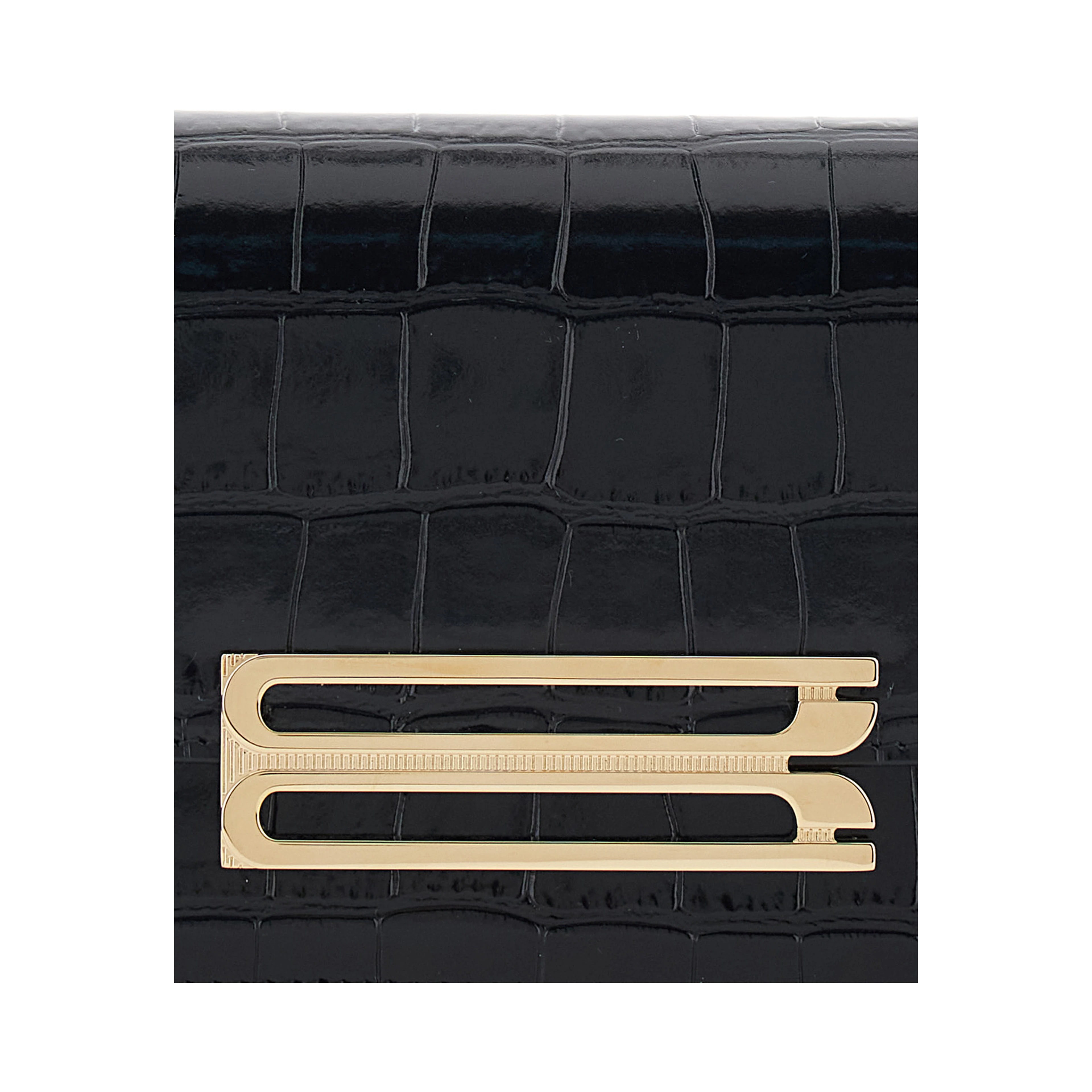 Dorian East-West Black Shoulder Bag with Plaque Closure on the Front and Crocodile-Embossed Effect in Leather for Women