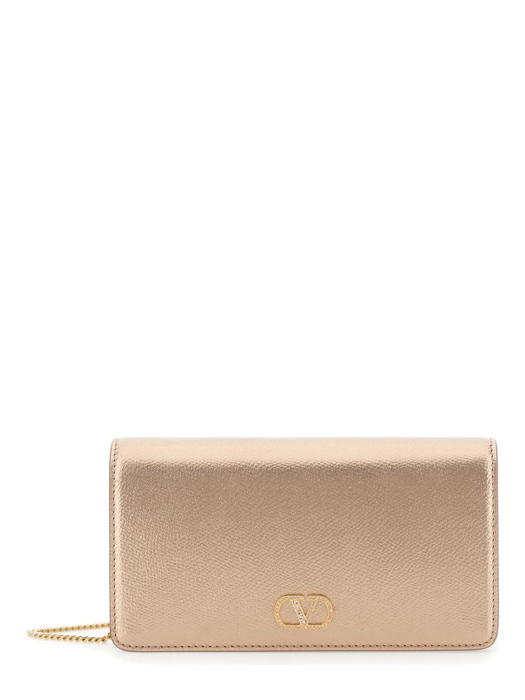 Metallic Mini bag with VLogo plaque on the front and all-over rhinestones in leather for women