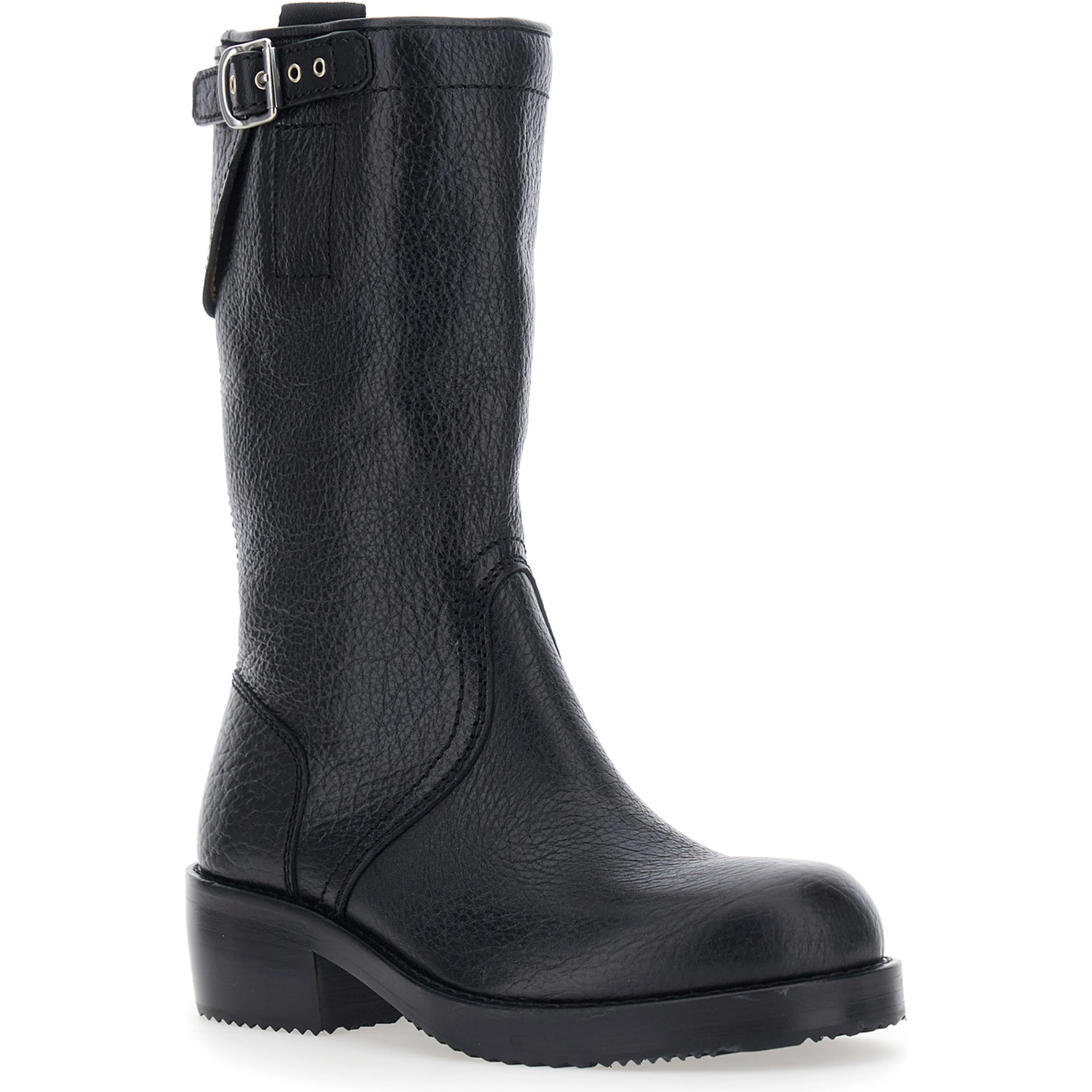 Black boots with decorative buckle and low heel in leather for women
