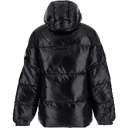 Black Down Jacket with Hood and Front Zip Closure. In Tech Fabric. Men
