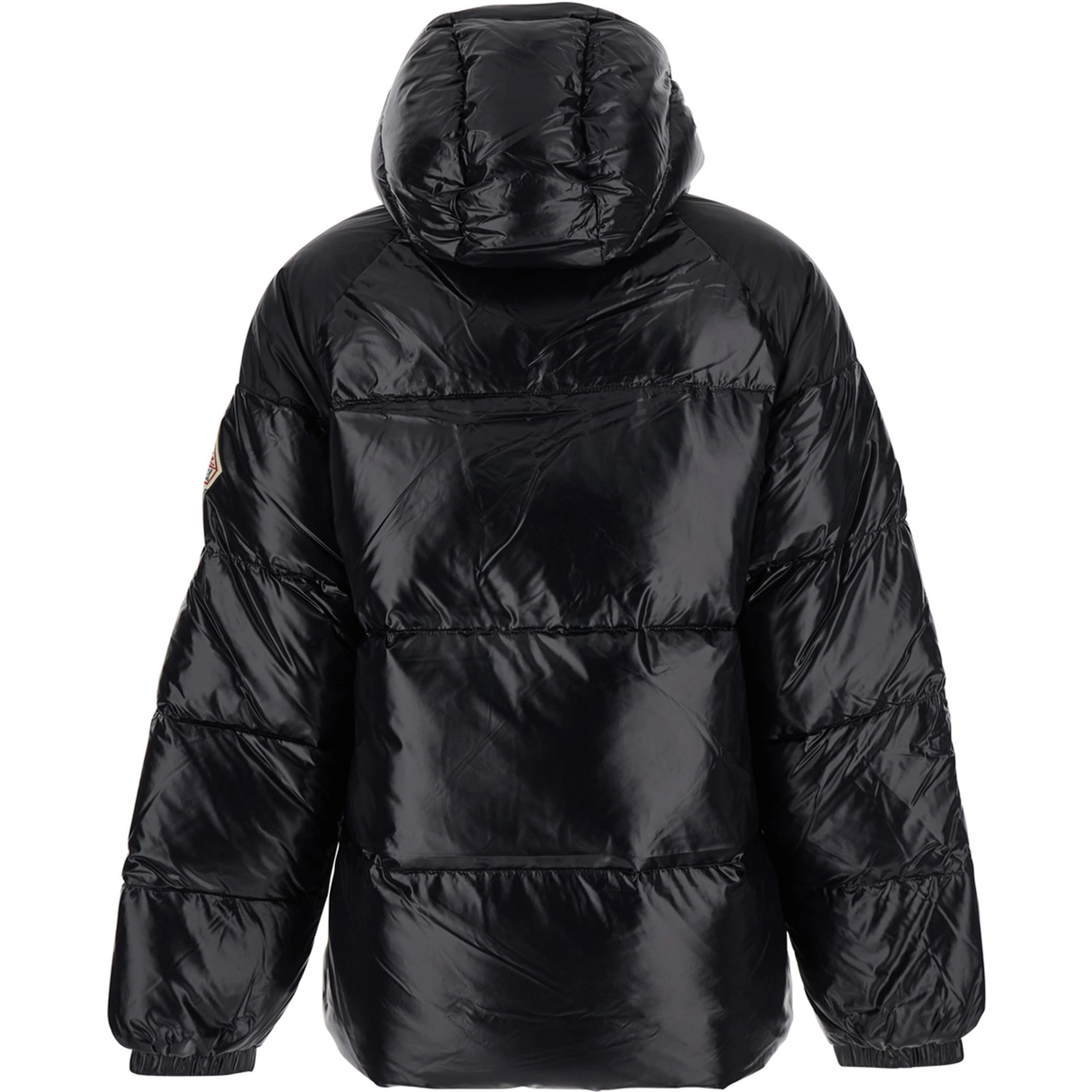 Black Down Jacket with Hood and Front Zip Closure. In Tech Fabric. Men