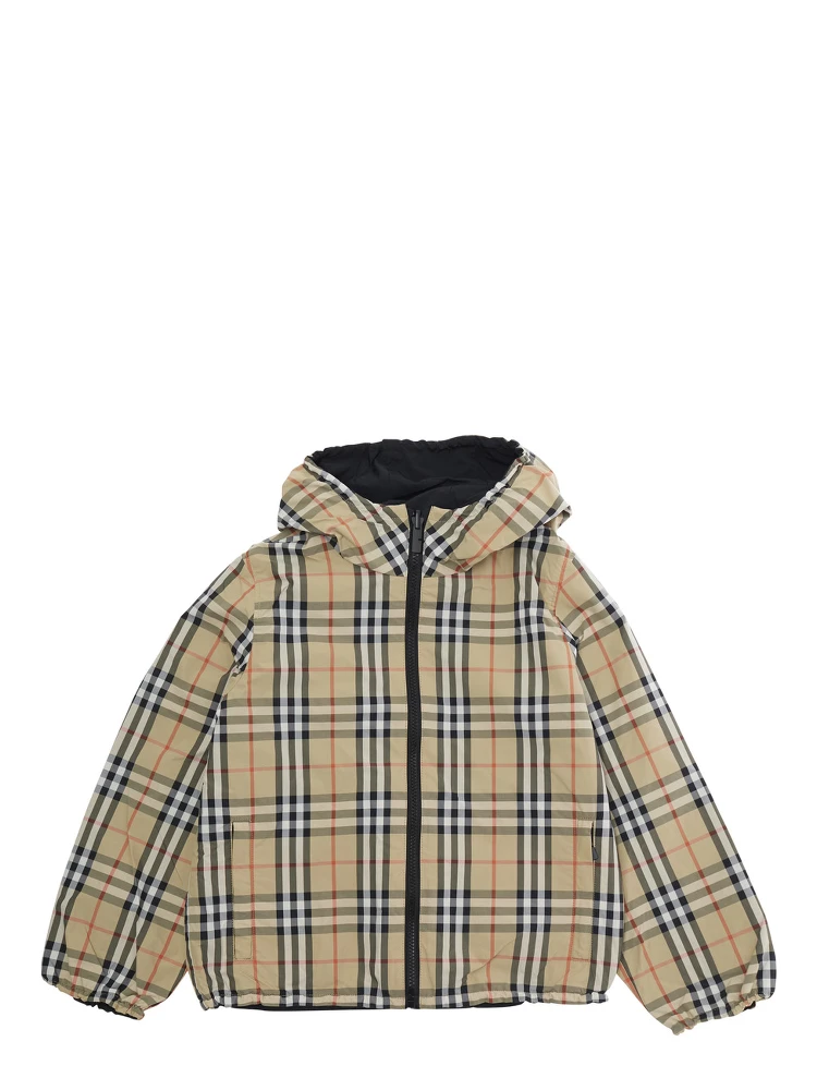 Jacket Reece Reversible with Fixed Hood and Check All-Over in Tech Fabric Beige Boy