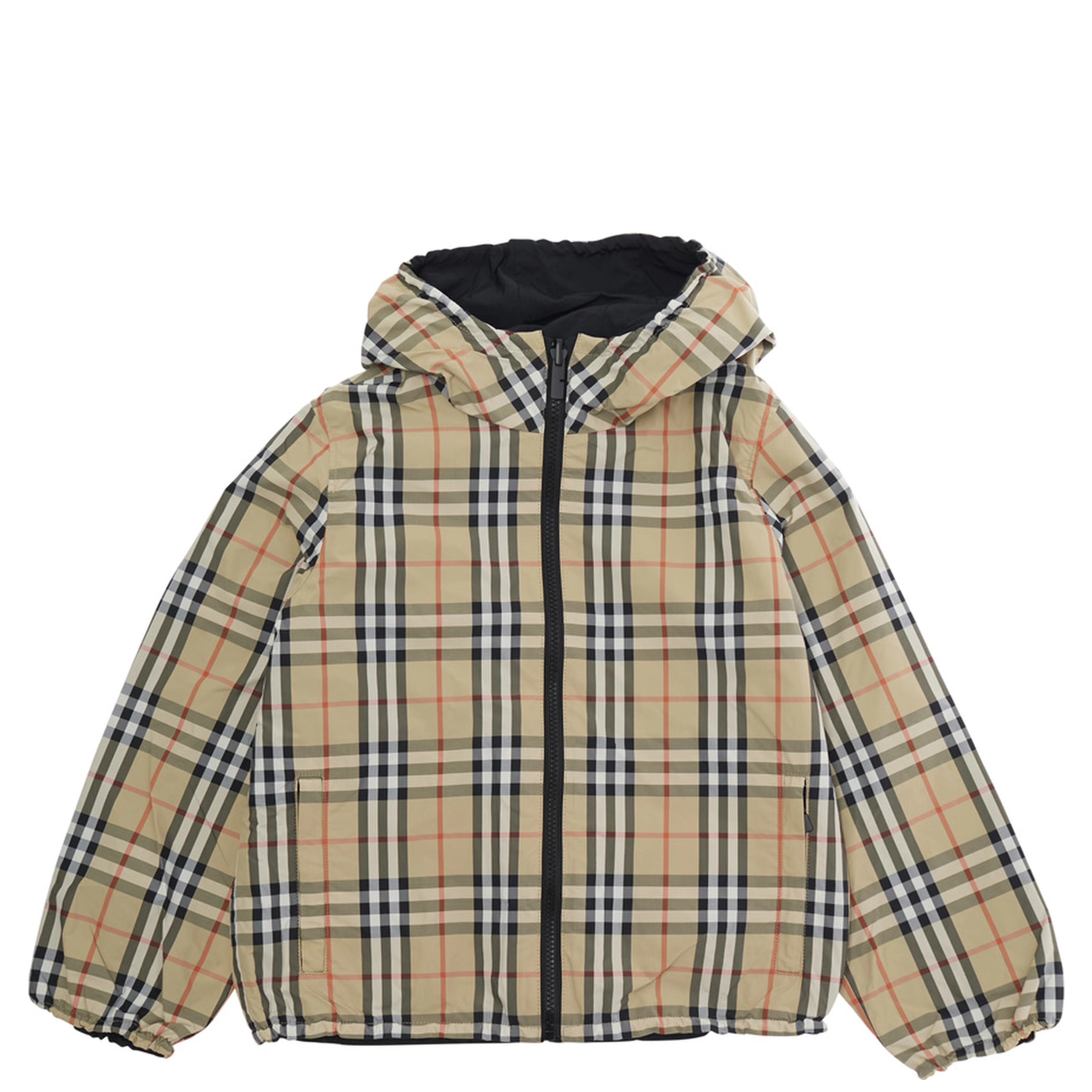 Jacket Reece Reversible with Fixed Hood and Check All-Over in Tech Fabric Beige Boy