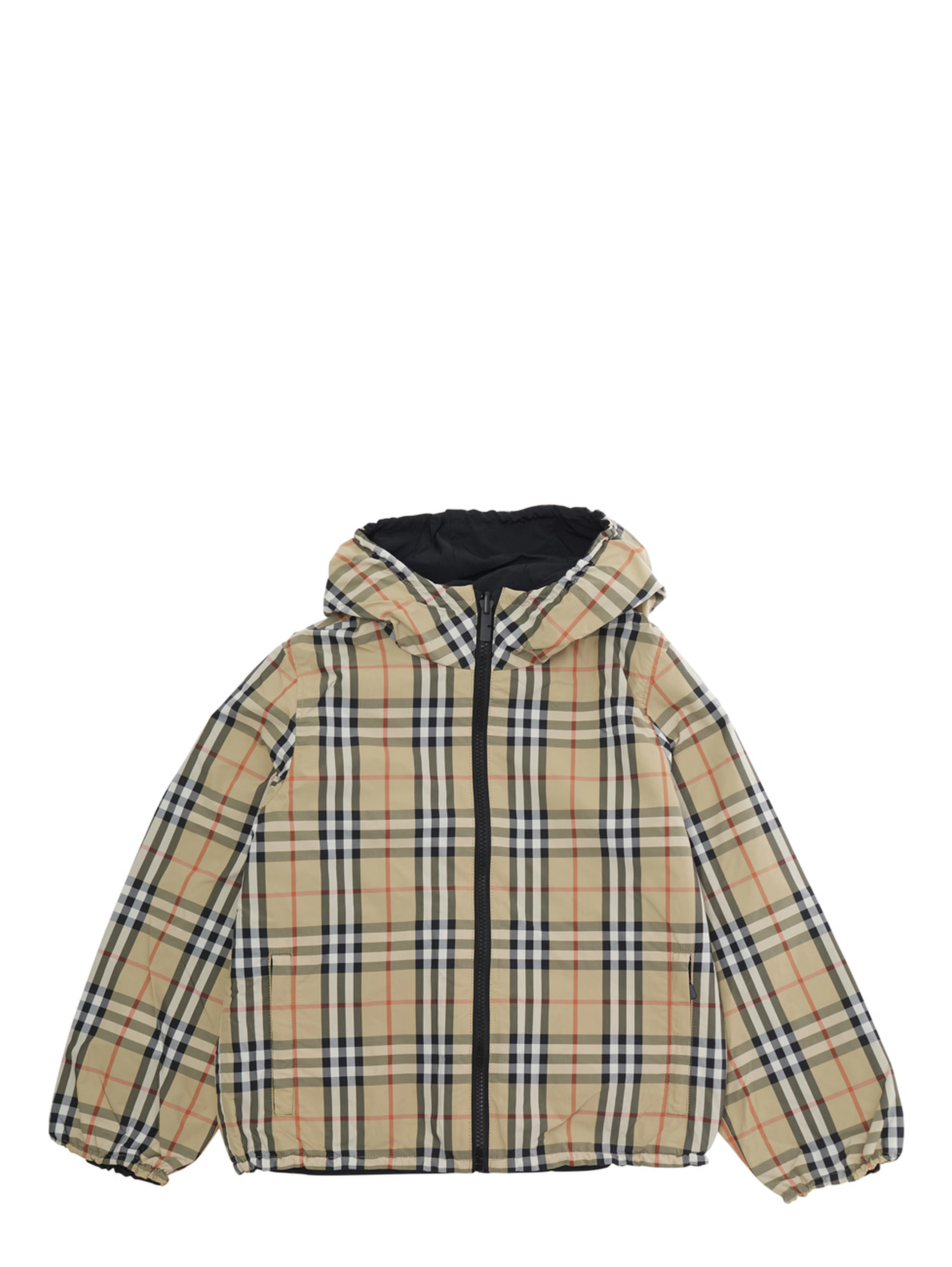Jacket Reece Reversible with Fixed Hood and Check All-Over in Tech Fabric Beige Boy