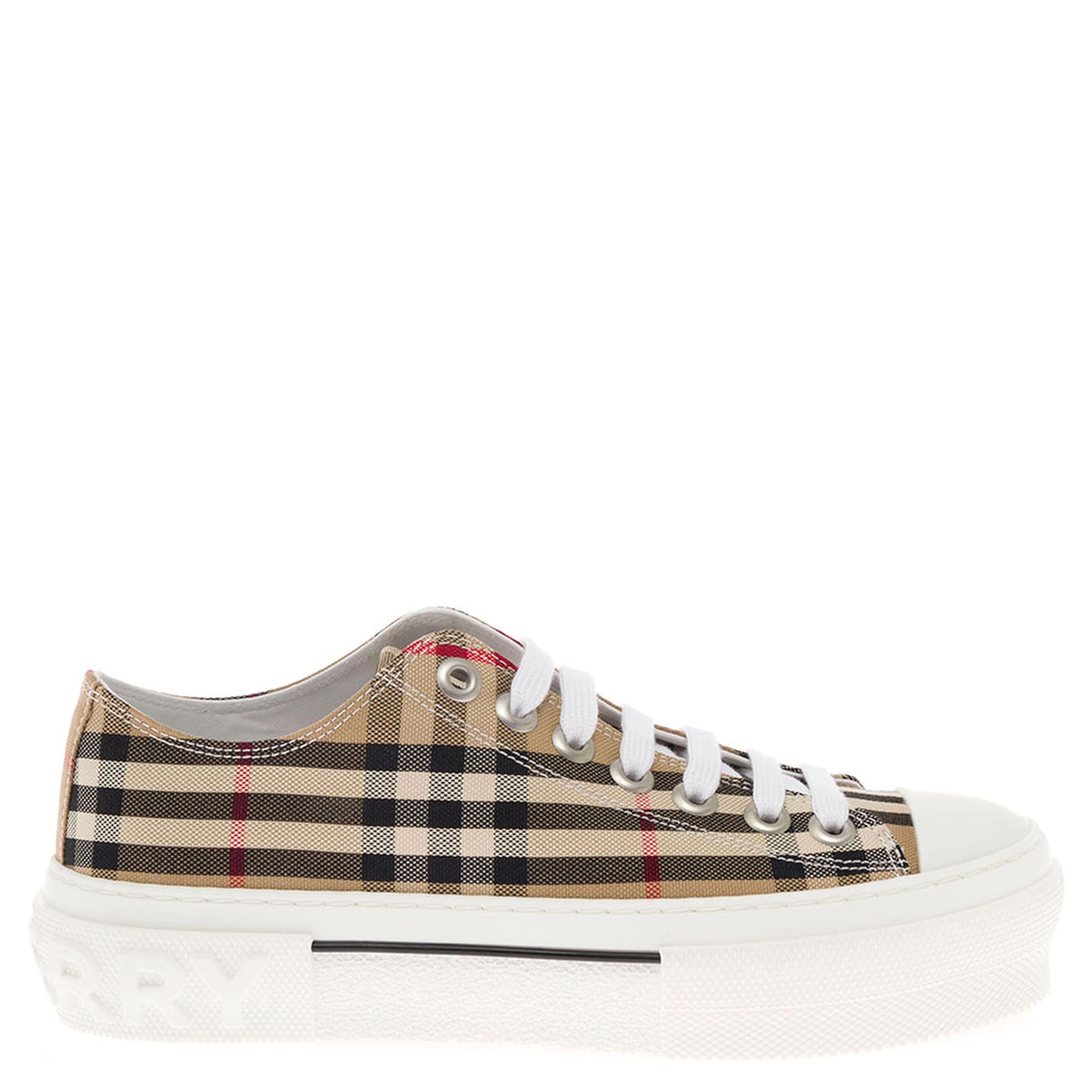 Sneakers with Iconic Vintage Check Motif in Beige Cotton for Women