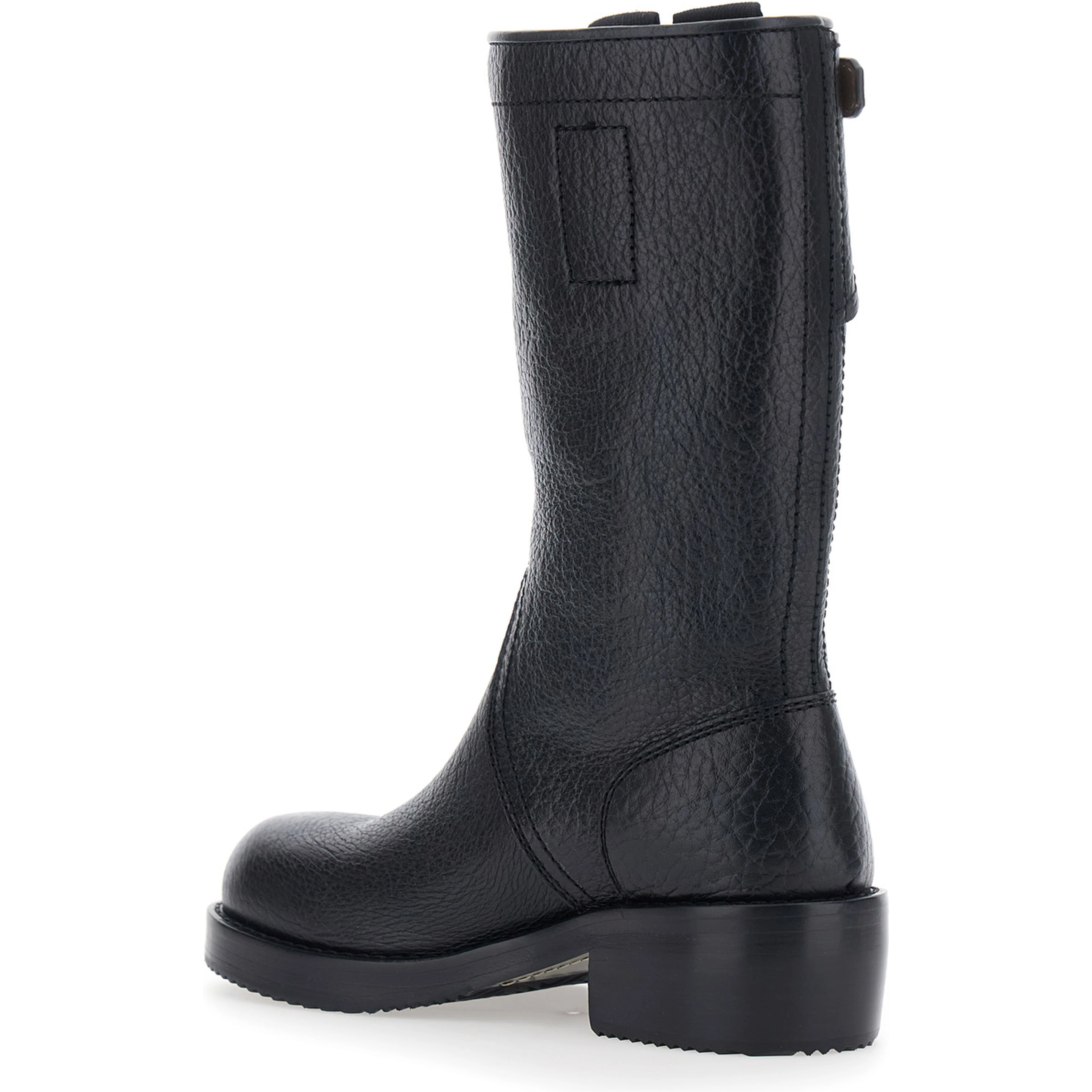 Black boots with decorative buckle and low heel in leather for women