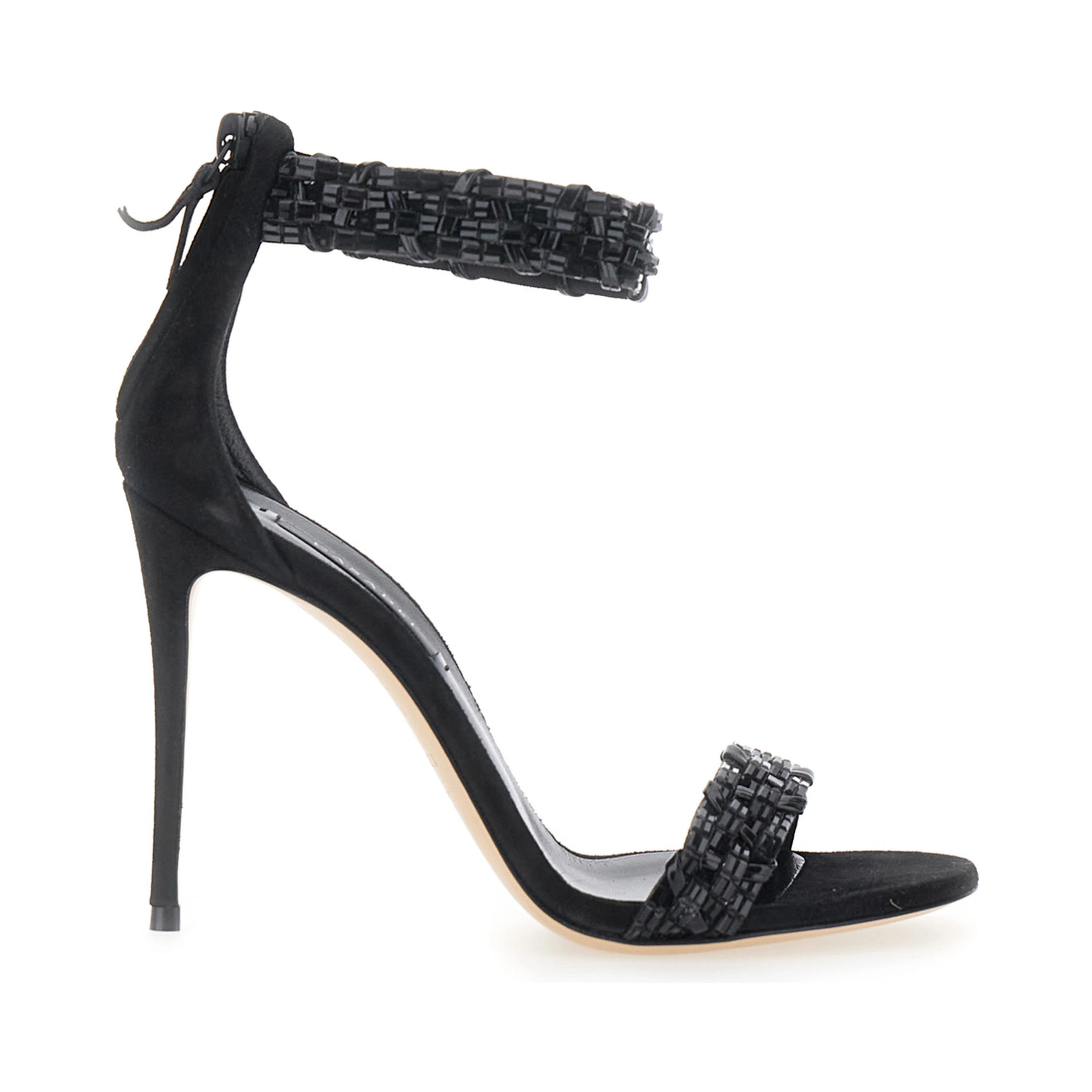 Black Heeled Sandals with Beaded details in Suede for Women