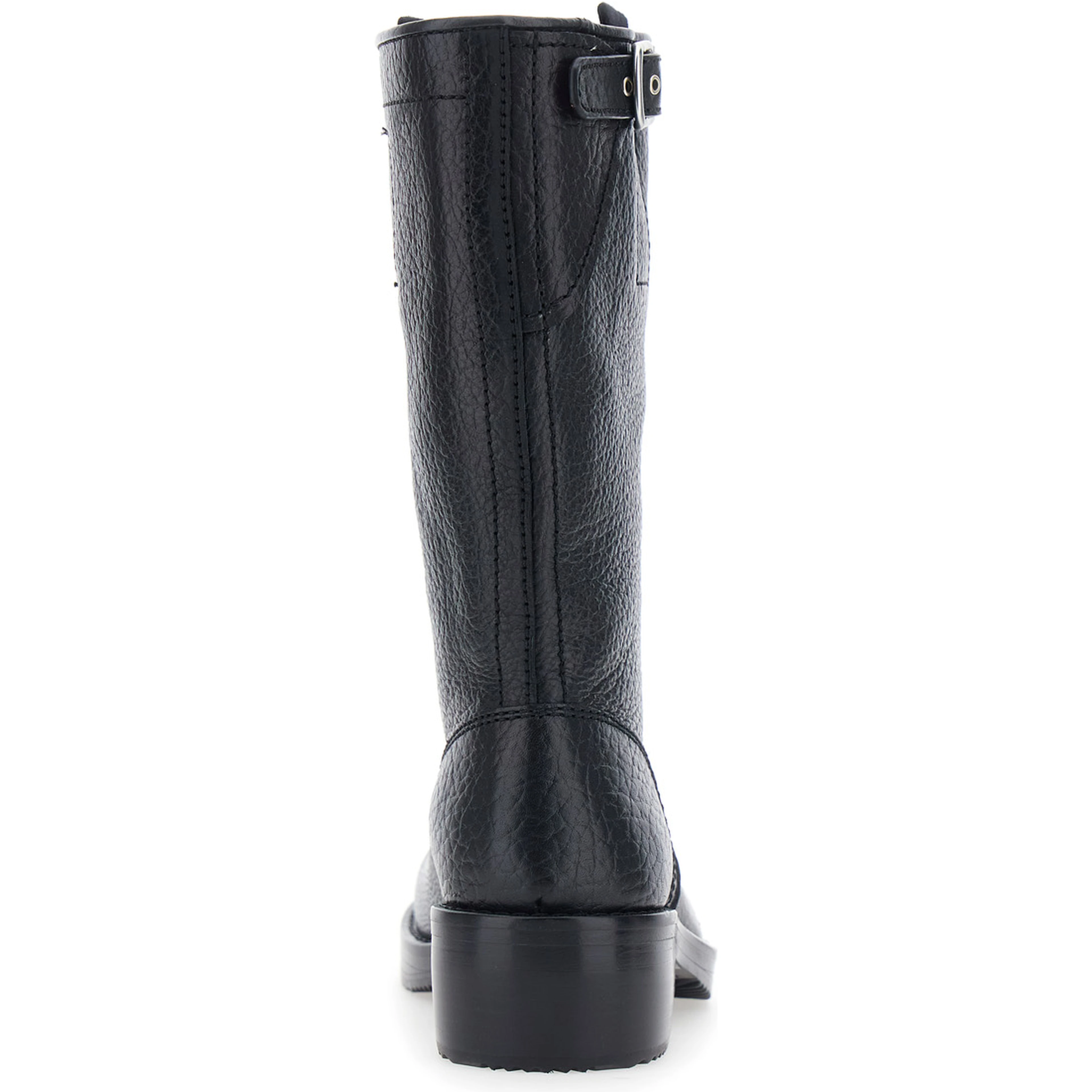 Black boots with decorative buckle and low heel in leather for women