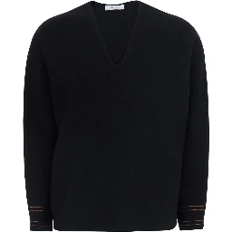Black Sweater with V-neck and Long Sleeve in Wool Blend Women