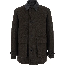 TRIMMING LEATHER PATCHWORK COAT with collar, long sleeves and central closure, in wool and nylon, brown, unisex