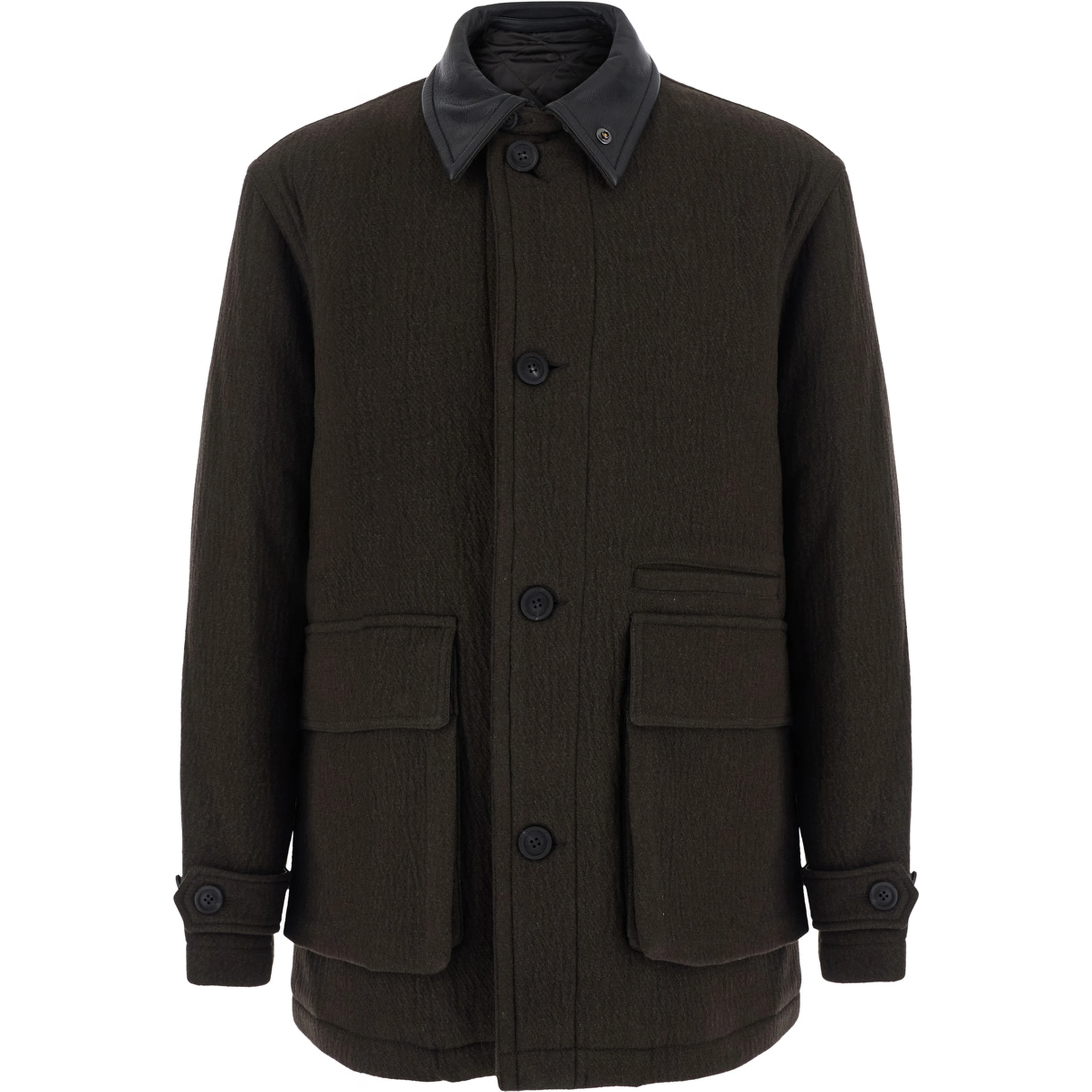 TRIMMING LEATHER PATCHWORK COAT with collar, long sleeves and central closure, in wool and nylon, brown, unisex