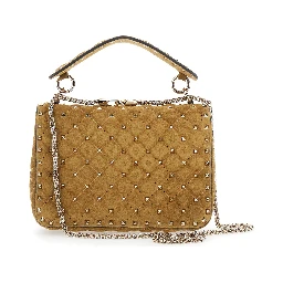 Beige Crossbody bag with Chain Strap and All-Over Rockstud Decoration in Suede for Women