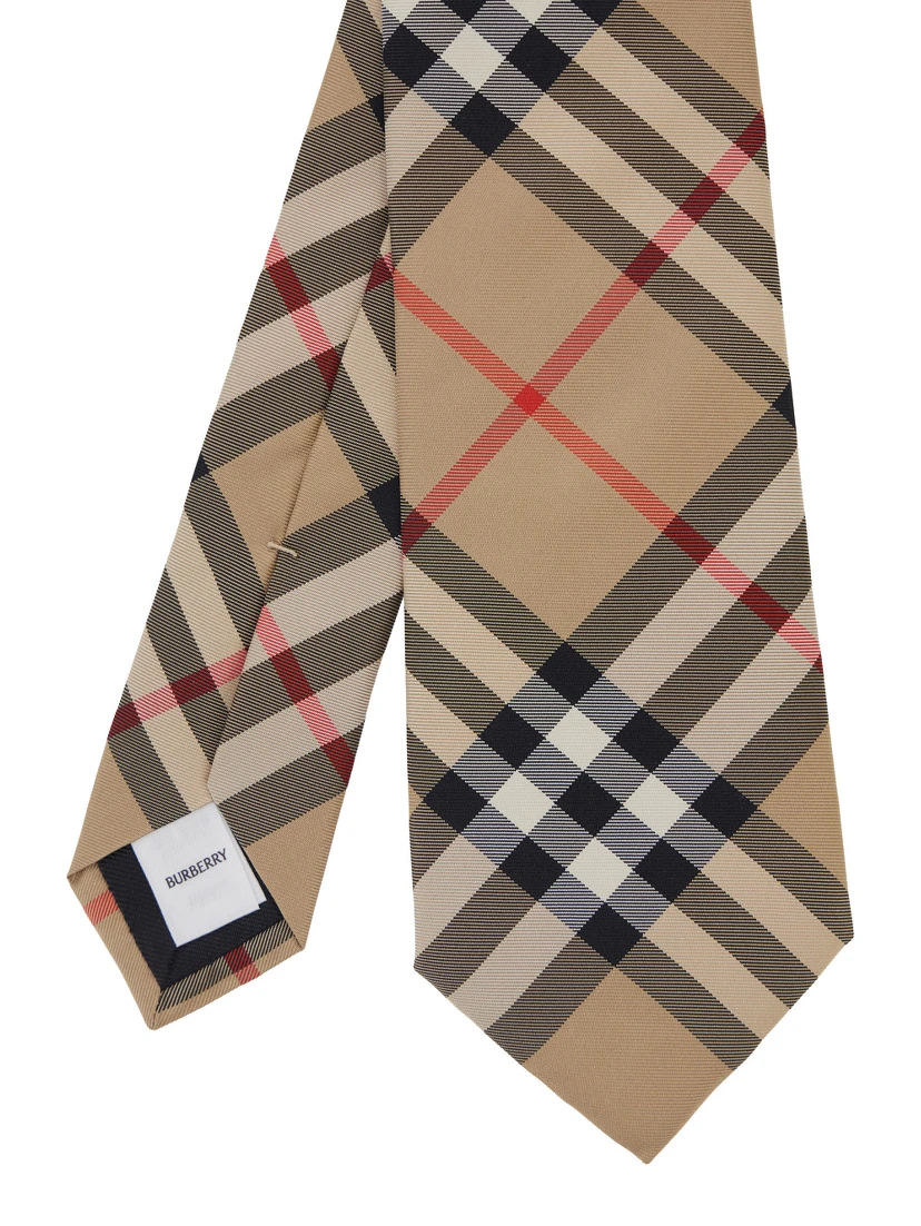 beige Tie with all-over Check Motif in silk for men