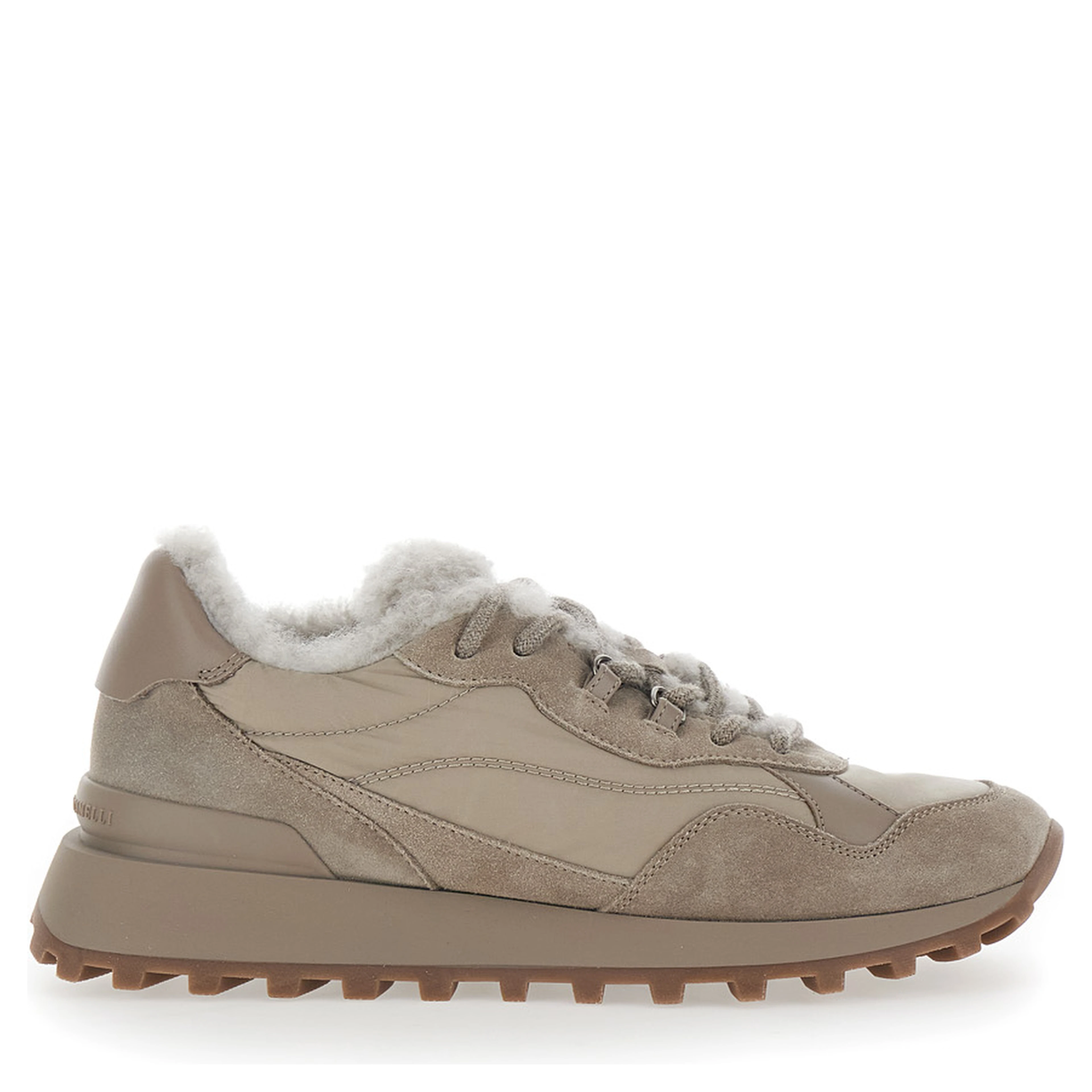 brown Sneakers with fur lining and logo on the back in leather for women