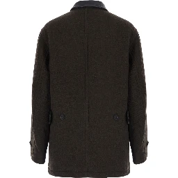 TRIMMING LEATHER PATCHWORK COAT with collar, long sleeves and central closure, in wool and nylon, brown, unisex