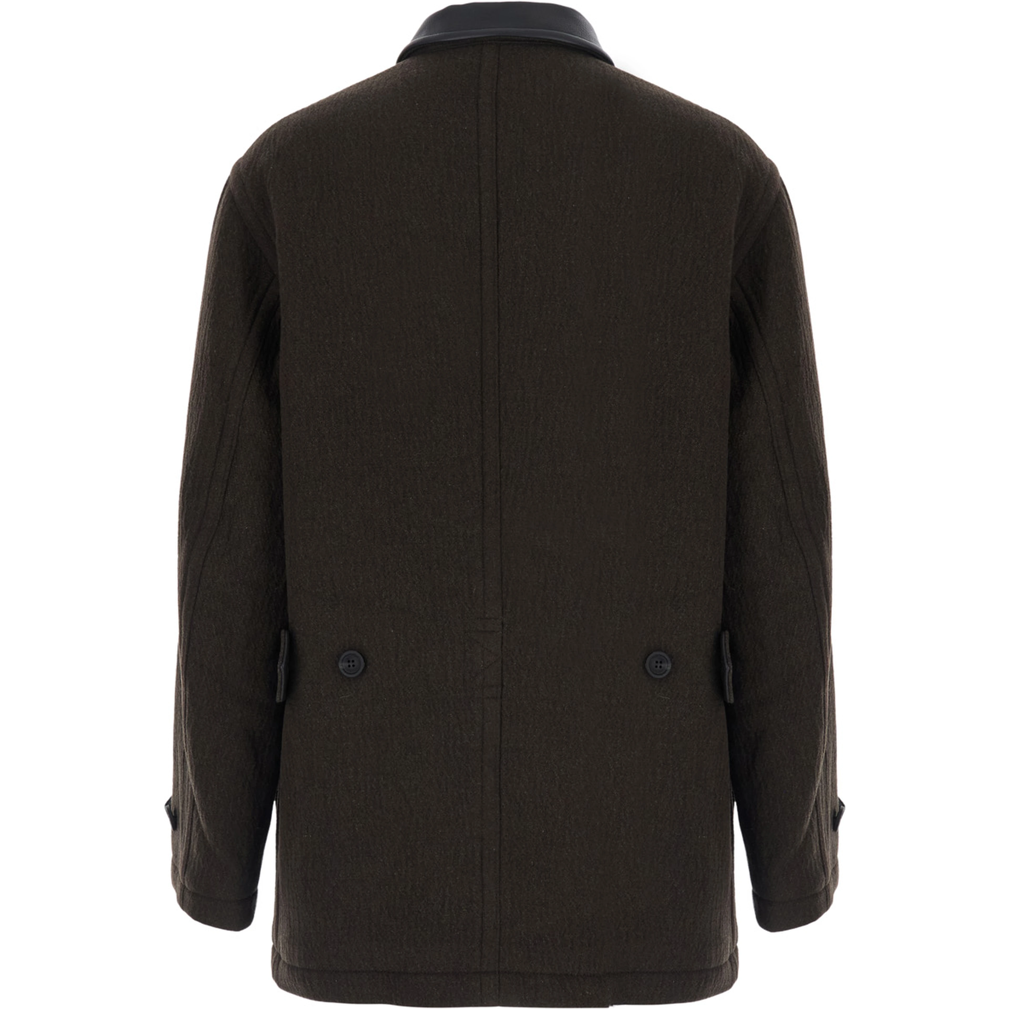 TRIMMING LEATHER PATCHWORK COAT with collar, long sleeves and central closure, in wool and nylon, brown, unisex