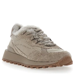 brown Sneakers with fur lining and logo on the back in leather for women