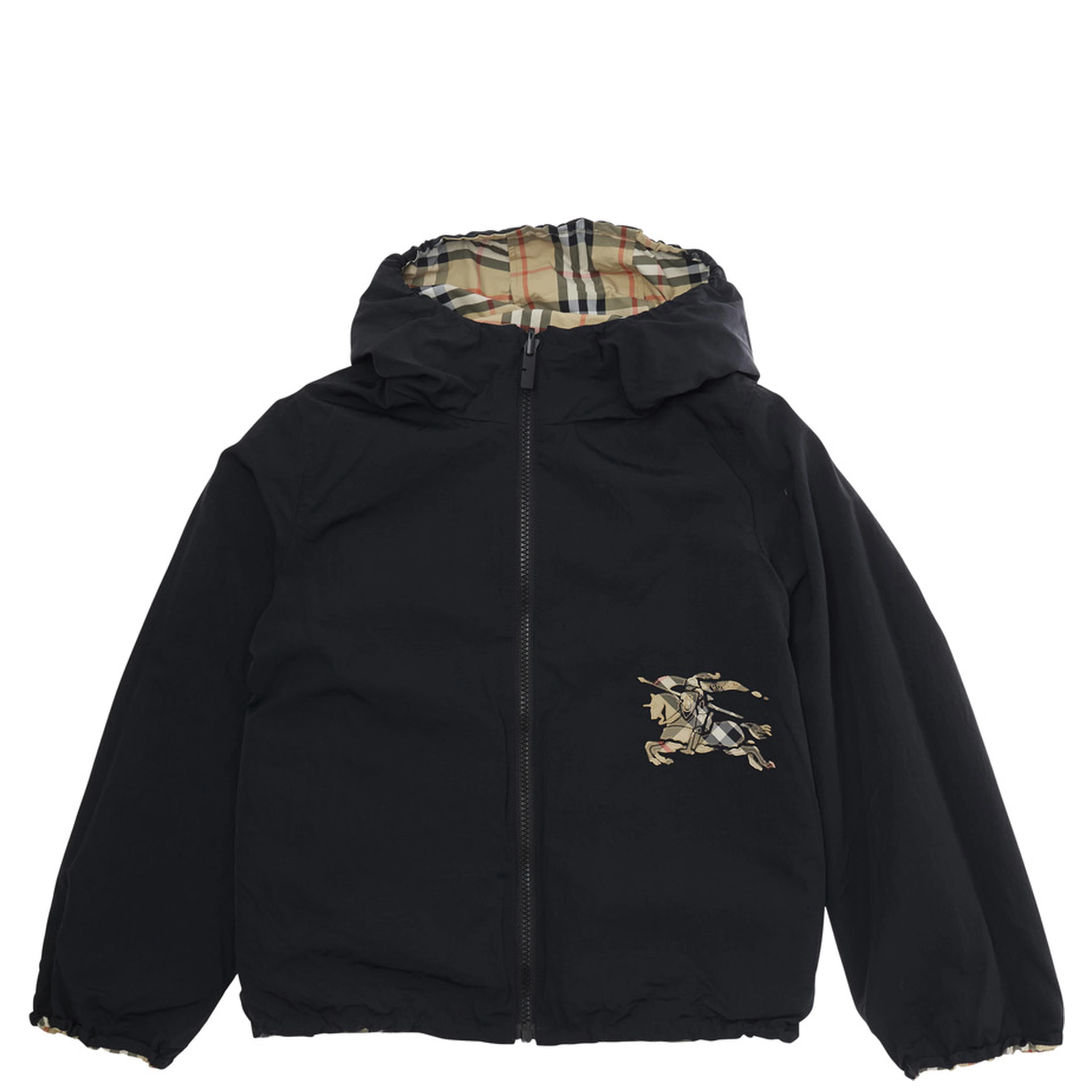 Jacket Reece Reversible with Fixed Hood and Check All-Over in Tech Fabric Beige Boy