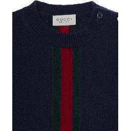 Blue dress with Web Stripe on the front in wool for girl