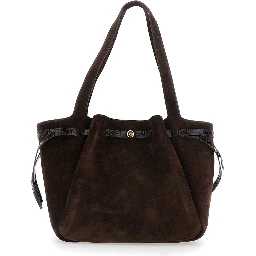 Romy Brown Shoulder bag with Logo Plate Strap on Front and Magnetic Closure in Suede for Women