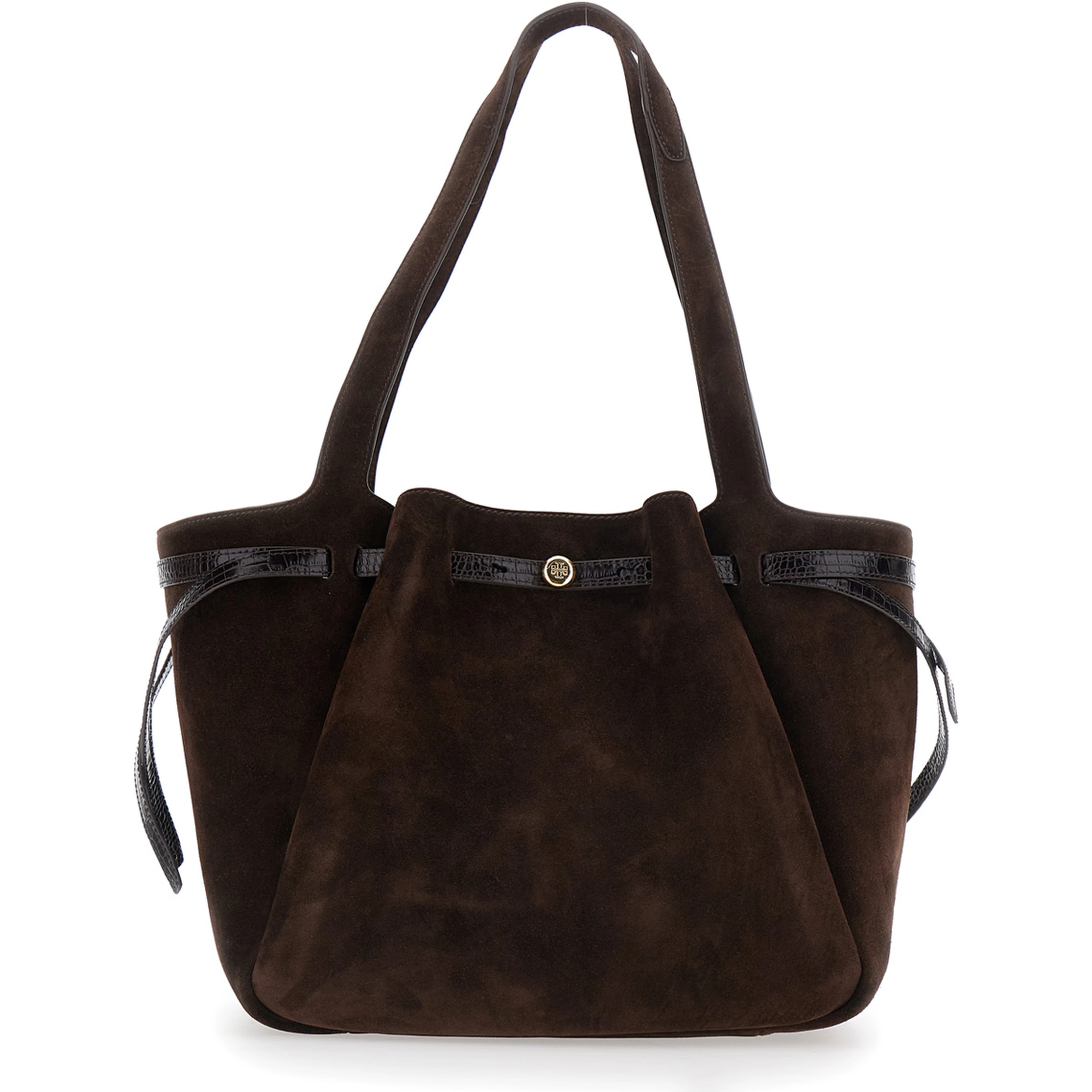 Romy Brown Shoulder bag with Logo Plate Strap on Front and Magnetic Closure in Suede for Women