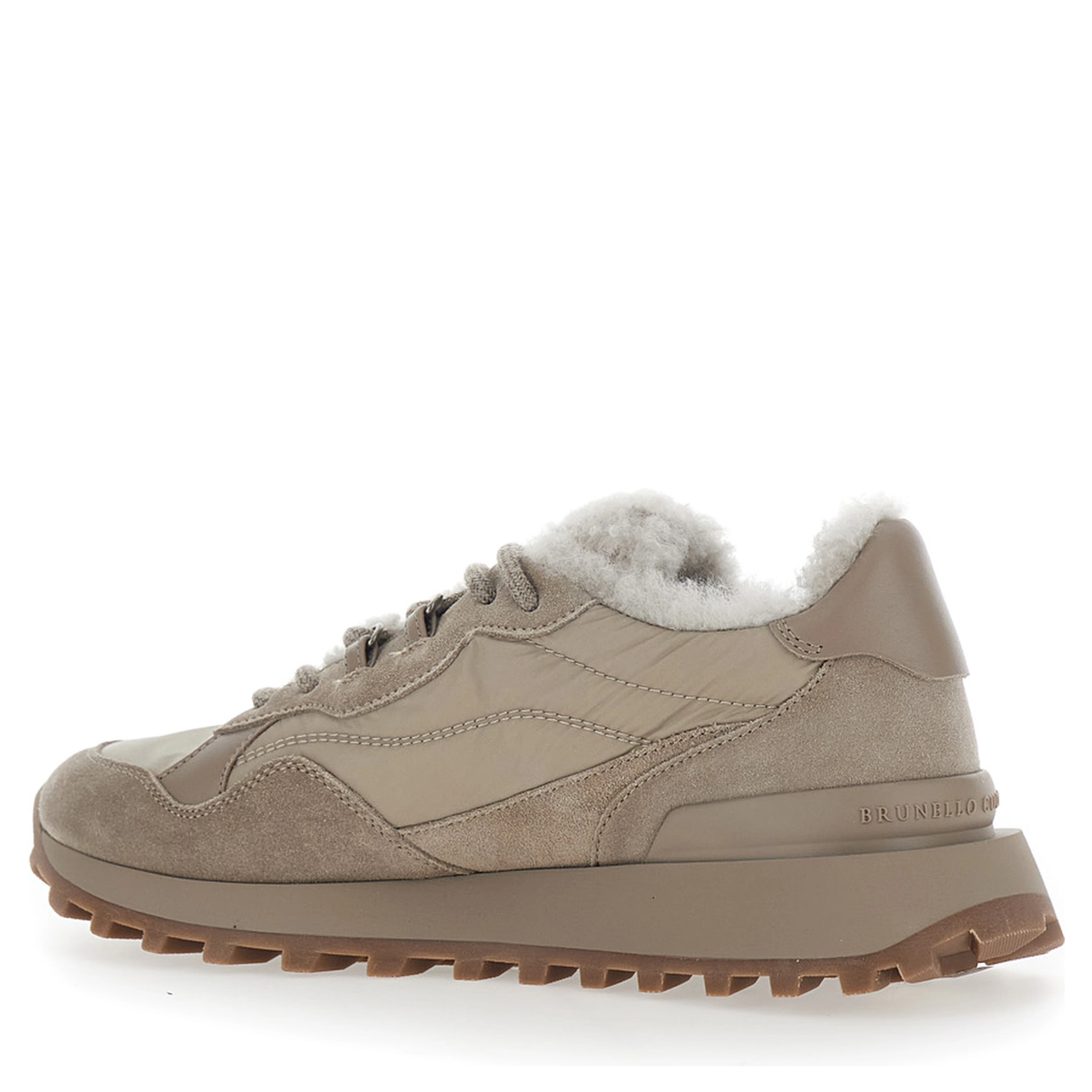 brown Sneakers with fur lining and logo on the back in leather for women