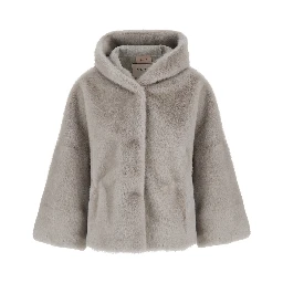Gray Short Shearling Jacket with fixed hood in ecofur for women