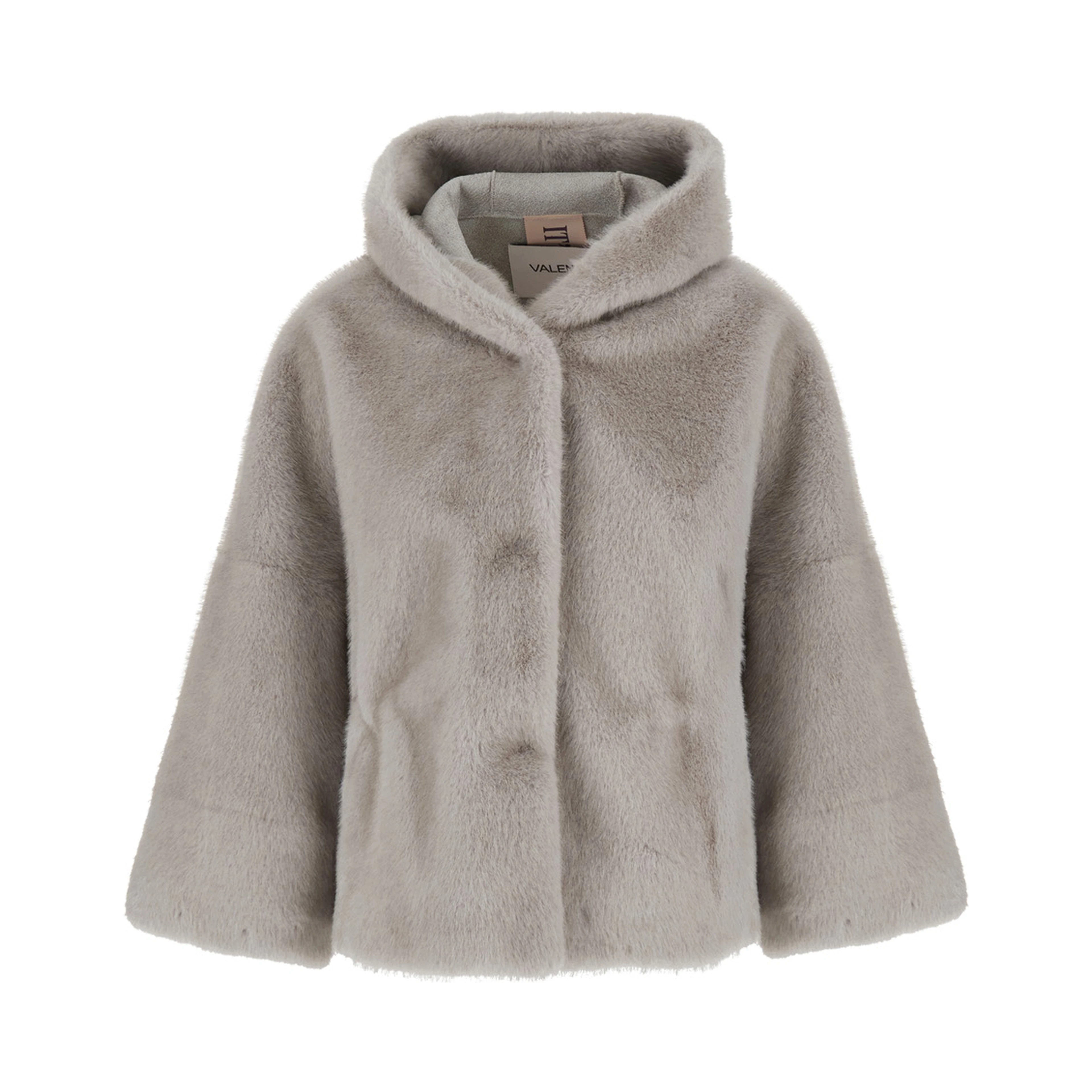 Gray Short Shearling Jacket with fixed hood in ecofur for women