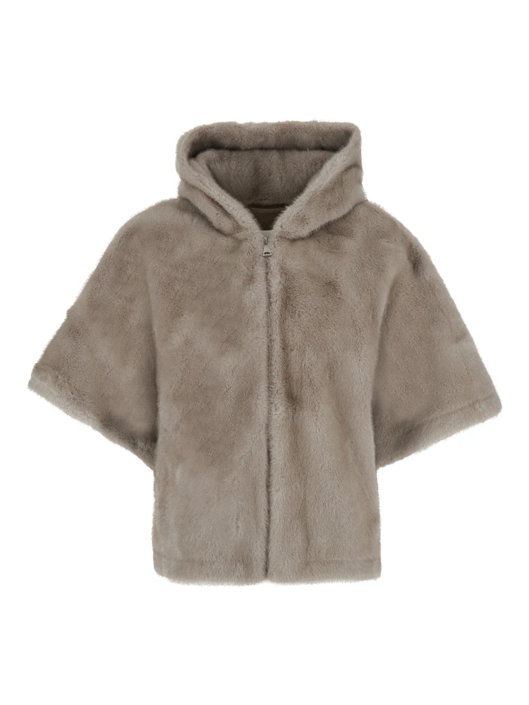 grey zip-up coat with hood in faux fur Women